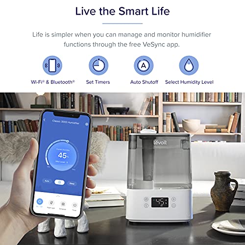 LEVOIT Humidifiers for Bedroom Large Room Home, 6L Top Fill Cool Mist Air Ultrasonic for Plants Indoor with Essential Oils Diffuser for Baby Kids, Smart Control with Humidistat, Quiet Easy Clean, Gray