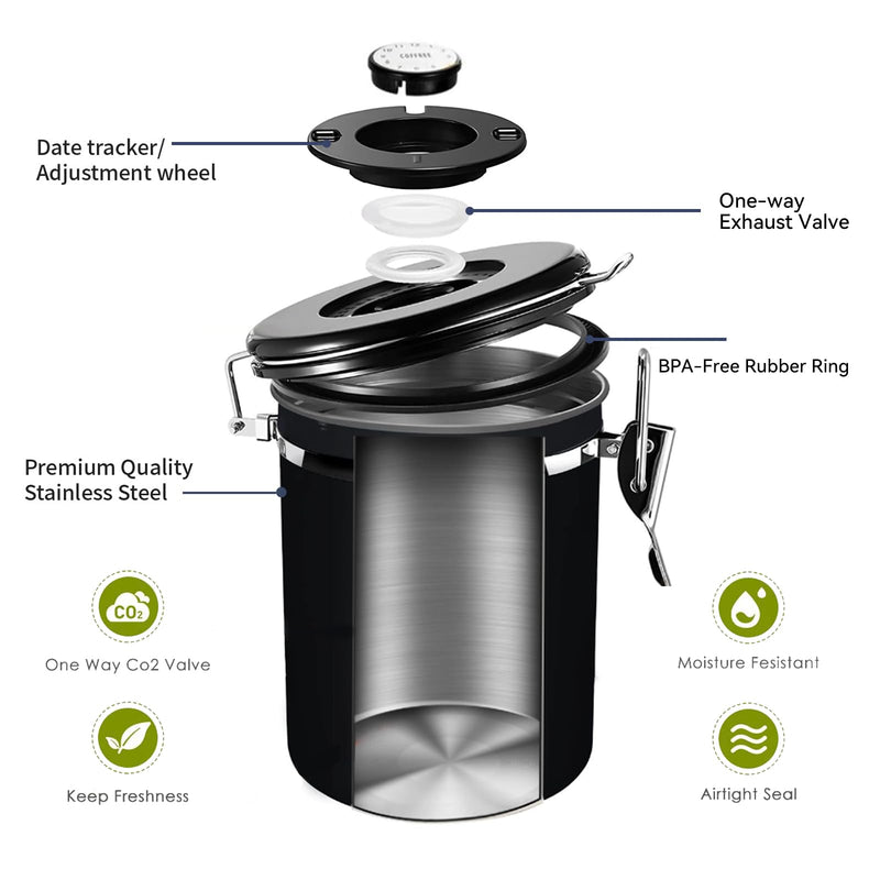 Airtight Coffee Canister, 1.8L/60oz Large Stainless Steel Kitchen Storage Container with Measuring Scoop, Date-Tracker and CO2-Release Valve for Grounds Coffee Beans Tea Sugar Cereal Flour(Black)