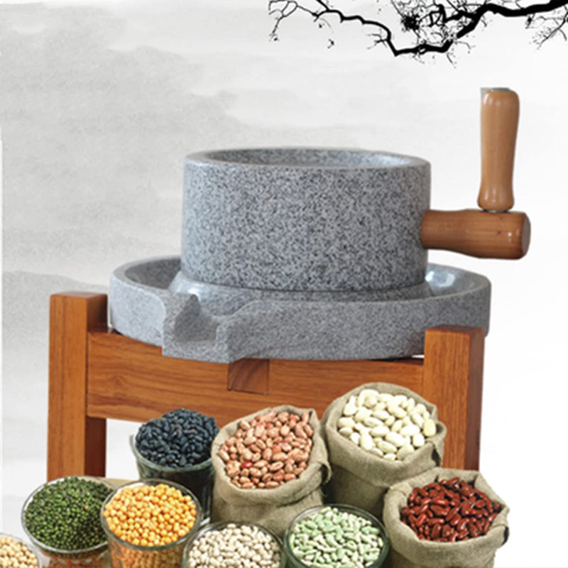 Manual Natural Granite Stone Mill, Country Hand Crank Dry and Wet Grain Flour Stone Grinder, Natural Wheat Paste Mill with Wooden Stand (Small 7.87in * 11.8in)