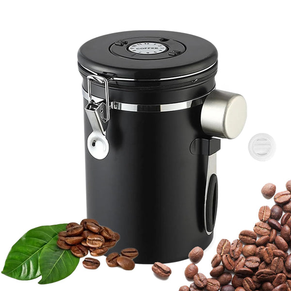 Airtight Coffee Canister, 1.8L/60oz Large Stainless Steel Kitchen Storage Container with Measuring Scoop, Date-Tracker and CO2-Release Valve for Grounds Coffee Beans Tea Sugar Cereal Flour(Black)