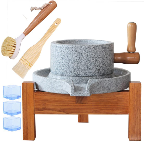 Manual Natural Granite Stone Mill, Country Hand Crank Dry and Wet Grain Flour Stone Grinder, Natural Wheat Paste Mill with Wooden Stand (Small 7.87in * 11.8in)