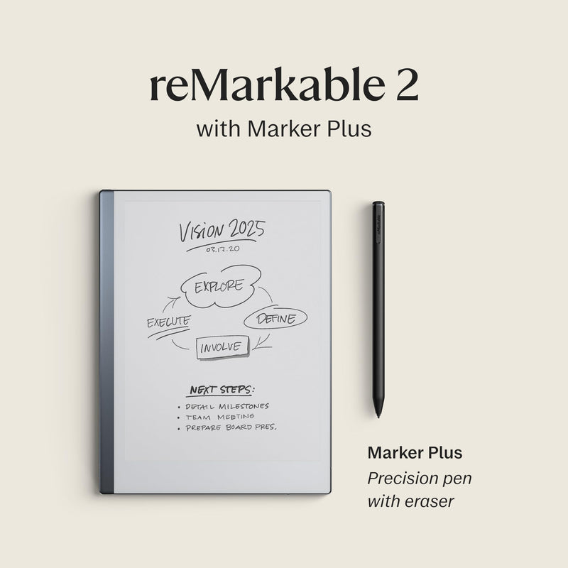 reMarkable 2 - New Generation Paper Tablet (+ Marker Plus with Eraser) Take notes on a screen that looks like paper; convert them into text; access your notes on all devices