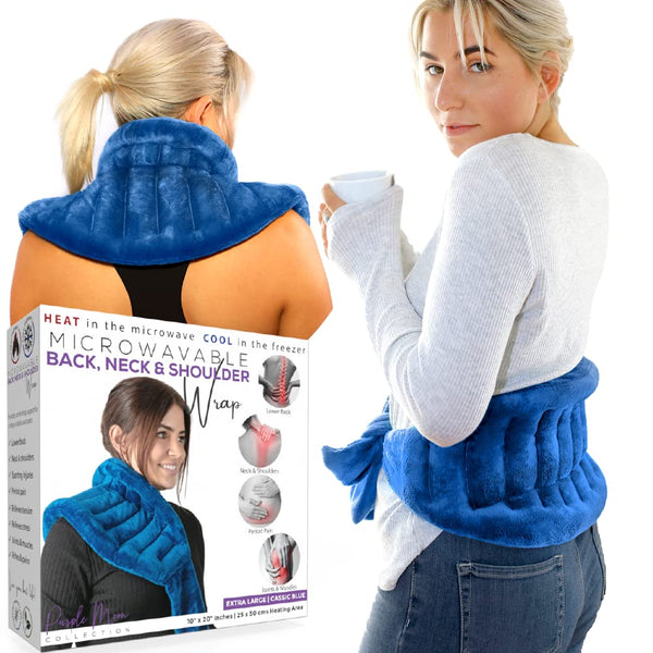 XL Microwave Heat Pack for Neck & Shoulders with a 25x50cm Heating Area. Longer Ties to Secure in-place. Flaxseed Wheat Bag for Cramps, Lower Back Pain Relief. Hot/Cold Reusable Heating Pad Blue