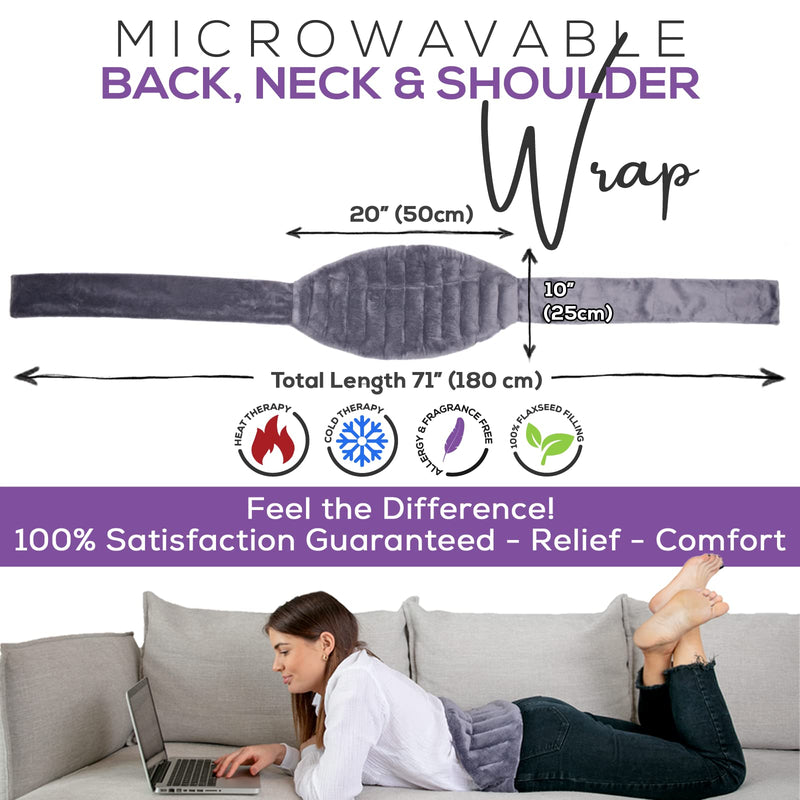 XL Microwavable Heat Pack for Lower Back Pain Relief, Neck & Shoulders - 25x50cm Heating Area with Longer Ties to Secure Anywhere - Flaxseed Wheat Bag for Cramps, Hot/Cold Reusable Heating Pad (Grey)