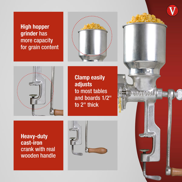 Victoria Commercial Grade Manual Grain Grinder with High Hopper - Table Clamp Hand Corn Mill, Cast Iron