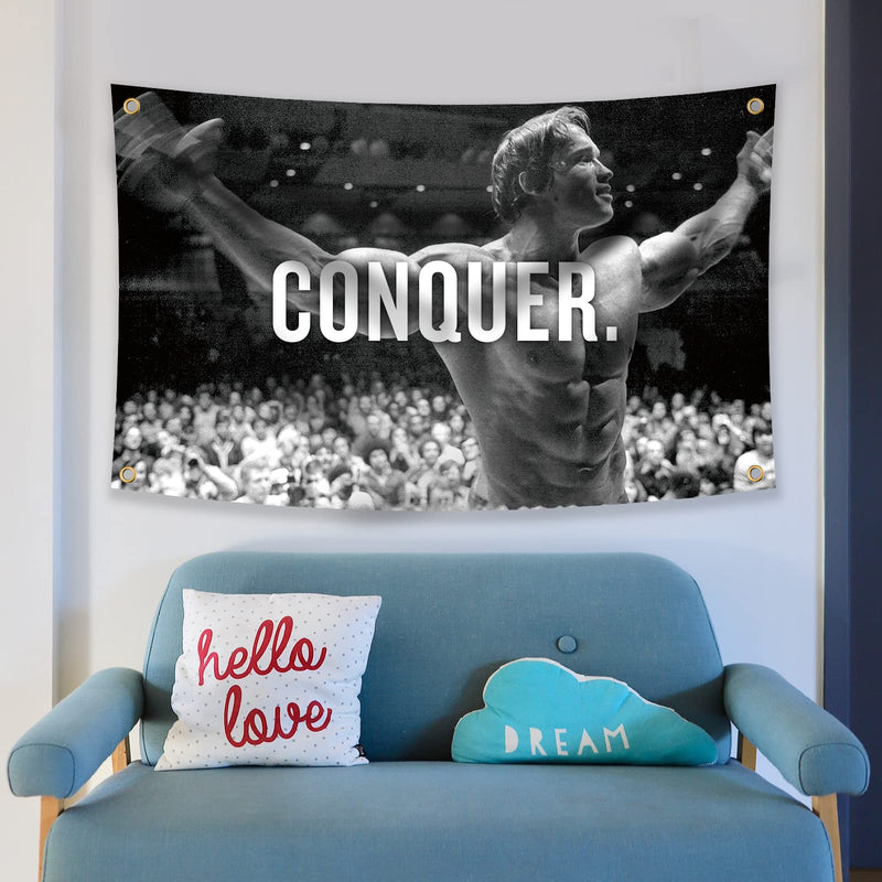 Arnold Schwarzenegger Conquer Motivational Inspirational Office Gym Wall Decor Flag Banner，3x5 Feet Flag Funny Poster Durable Man Cave Wall Flag with Brass Grommets This beautiful entertaining banner