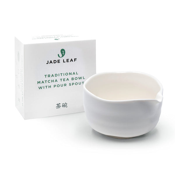 Jade Leaf Matcha Traditional Porcelain Tea Bowl with Pour Spout - Hand Made Porcelain with White Matte Glaze - For Perfectly Whisked Matcha Green Tea (18 Ounce)