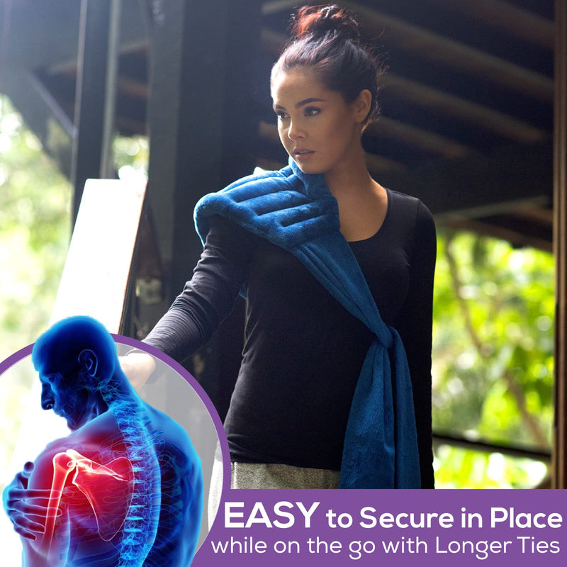 XL Microwave Heat Pack for Neck & Shoulders with a 25x50cm Heating Area. Longer Ties to Secure in-place. Flaxseed Wheat Bag for Cramps, Lower Back Pain Relief. Hot/Cold Reusable Heating Pad Blue