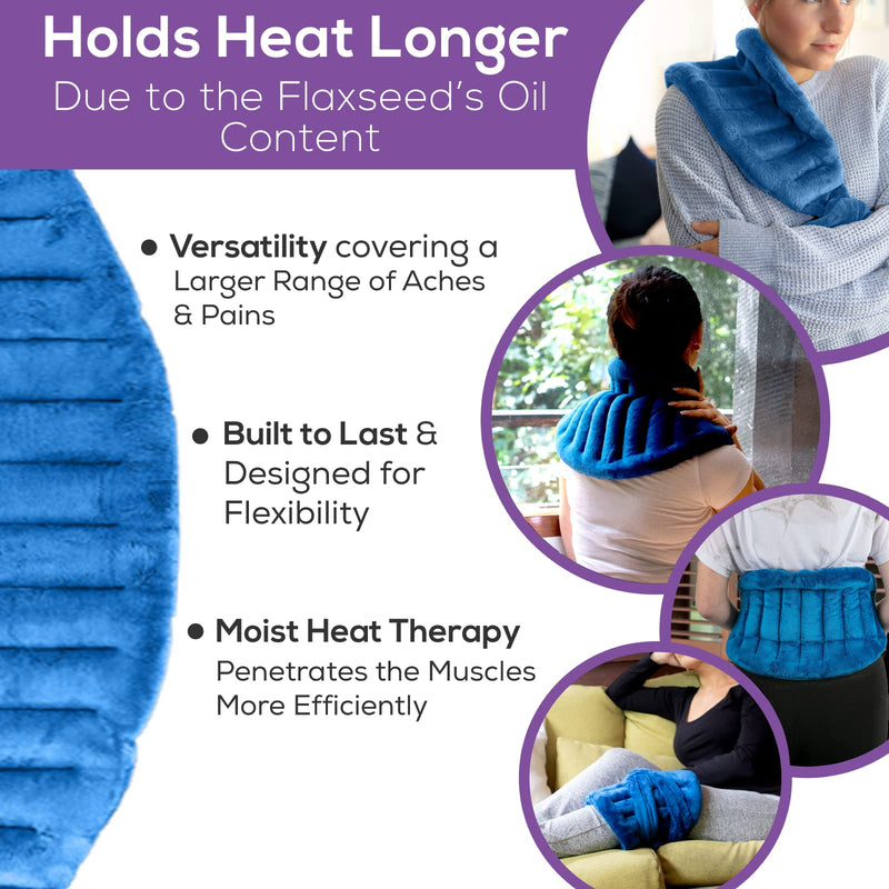 XL Microwave Heat Pack for Neck & Shoulders with a 25x50cm Heating Area. Longer Ties to Secure in-place. Flaxseed Wheat Bag for Cramps, Lower Back Pain Relief. Hot/Cold Reusable Heating Pad Blue
