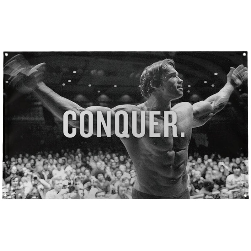 Banger Flags Banger - Original Arnold Schwarzenegger Conquer Motivational Inspirational Office Gym Dorm Wall Decor Design on a 3X5 Feet Flag with 4 Grommets for Easy Hanging. Authentic