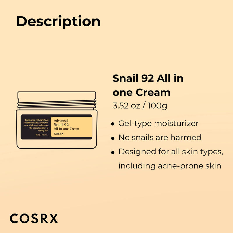 COSRX Snail Mucin 92% Repair Cream, Daily Face Gel Moisturizer for Dry Skin, Acne-prone, Sensitive Skin, Not Tested on Animals, No Parabens, Korean Skincare (3.52 Fl Oz (Pack of 1)