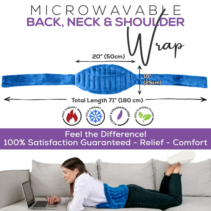 XL Microwave Heat Pack for Neck & Shoulders with a 25x50cm Heating Area. Longer Ties to Secure in-place. Flaxseed Wheat Bag for Cramps, Lower Back Pain Relief. Hot/Cold Reusable Heating Pad Blue