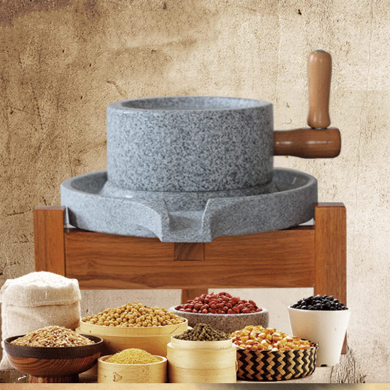 Manual Natural Granite Stone Mill, Country Hand Crank Dry and Wet Grain Flour Stone Grinder, Natural Wheat Paste Mill with Wooden Stand (Small 7.87in * 11.8in)