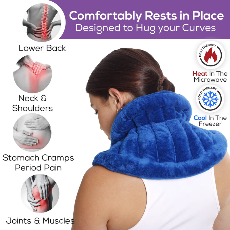 XL Microwave Heat Pack for Neck & Shoulders with a 25x50cm Heating Area. Longer Ties to Secure in-place. Flaxseed Wheat Bag for Cramps, Lower Back Pain Relief. Hot/Cold Reusable Heating Pad Blue