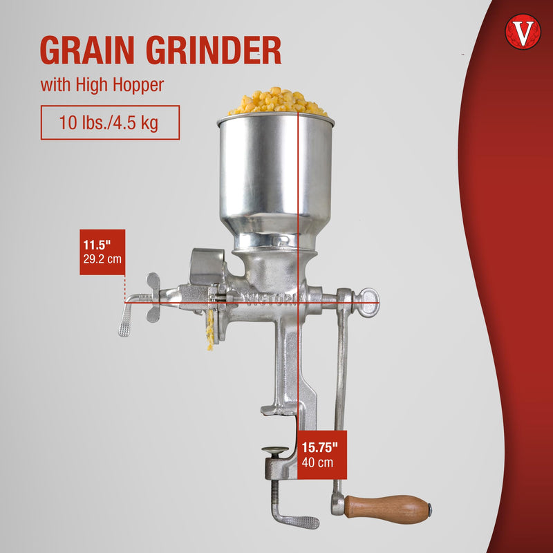 Victoria Commercial Grade Manual Grain Grinder with High Hopper - Table Clamp Hand Corn Mill, Cast Iron