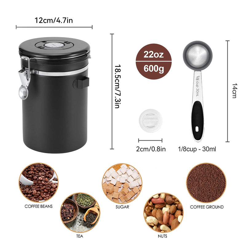 Airtight Coffee Canister, 1.8L/60oz Large Stainless Steel Kitchen Storage Container with Measuring Scoop, Date-Tracker and CO2-Release Valve for Grounds Coffee Beans Tea Sugar Cereal Flour(Black)