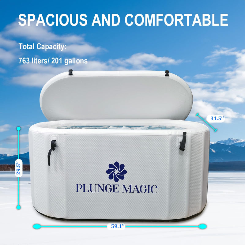 PLUNGE MAGIC Ultimate Cold Plunge Tub Inflatable Ice Bath Tub With Cover for Athletes Portable & XL Size, Water Chiller Compatible | 63" L x 33" W x 26" H (White)