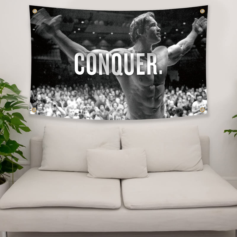 Arnold Schwarzenegger Conquer Motivational Inspirational Office Gym Wall Decor Flag Banner，3x5 Feet Flag Funny Poster Durable Man Cave Wall Flag with Brass Grommets This beautiful entertaining banner