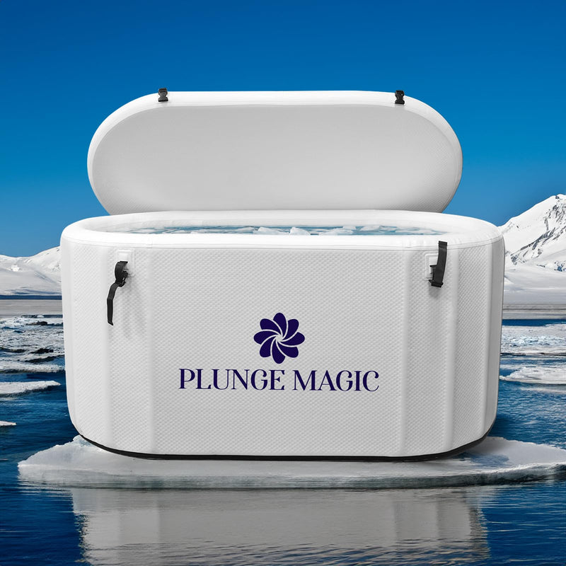 PLUNGE MAGIC Ultimate Cold Plunge Tub Inflatable Ice Bath Tub With Cover for Athletes Portable & XL Size, Water Chiller Compatible | 63" L x 33" W x 26" H (White)