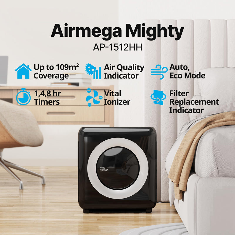 COWAY AIRMEGA MIGHTY AP-1512HH Air Purifier (Black) - Removes up to 99.999 percent of harmful particles and pollutants for 109㎡ space*, USA Best air purifier by New York Times