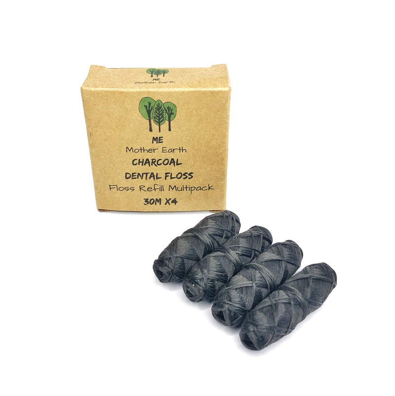 VEGAN Biodegradable Bamboo Charcoal Dental Floss Refill Refill | Natural Candelilla Wax | 33yds x4 | Peppermint Essential Oil | Eco Friendly Zero Waste Oral Care | 4 Pack