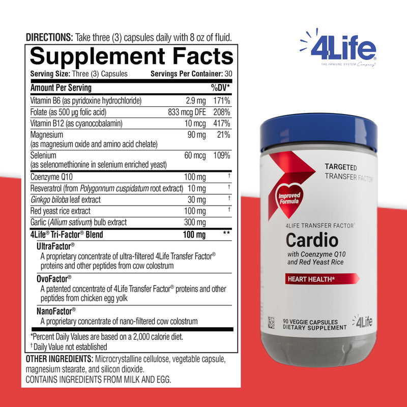 4Life Transfer Factor Cardio - Targeted System Support Dietary Supplement with Ginkgo Biloba, Garlic, Red Yeast Rice, and Resveratrol - 90 Capsules