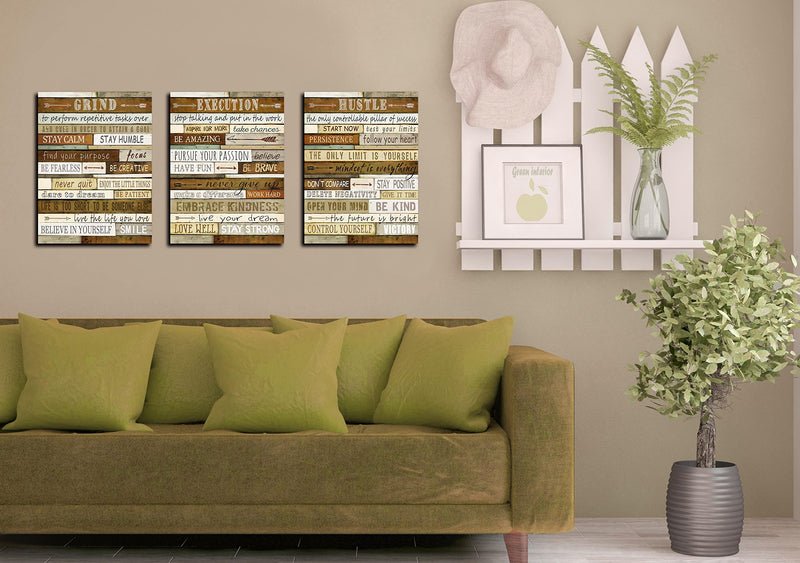 Motivational Wall-Decor - Brown Inspirational Posters - 3 Piece Canvas Wall Art for Bedroom Ready to Hang Size 12" x 16"