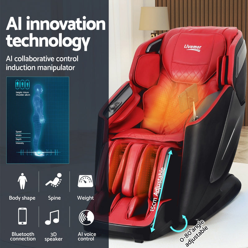 Livemor 4D Massage Chair Electric Recliner Home Massager Red