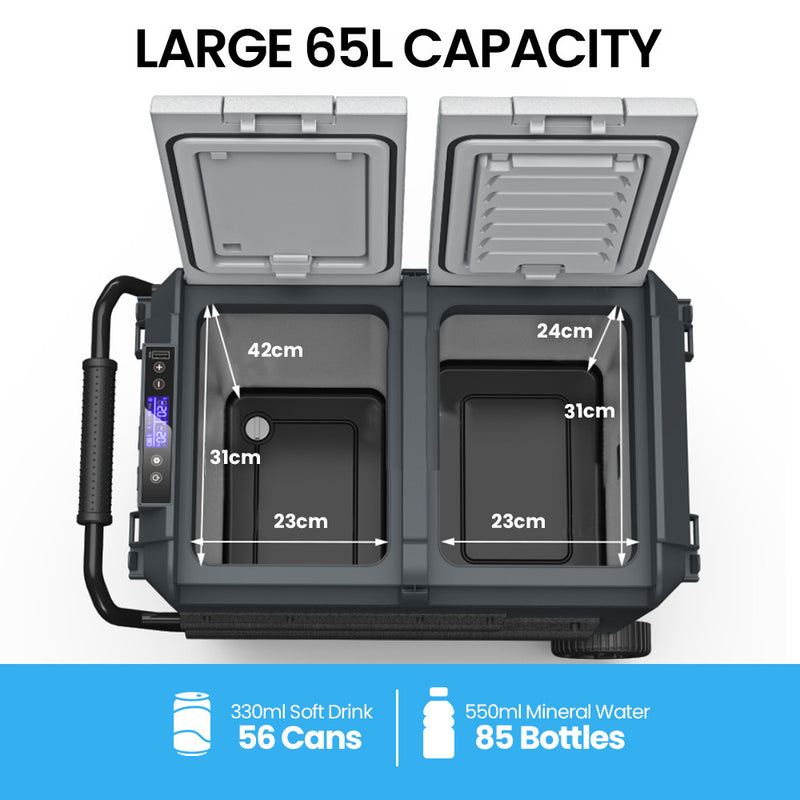 Gecko 65L Dual Zone Portable Fridge Freezer with onboard Lithium Battery, 12V/24V/240V, with 2 Doors, Wheels, for Camping, Car, Outings