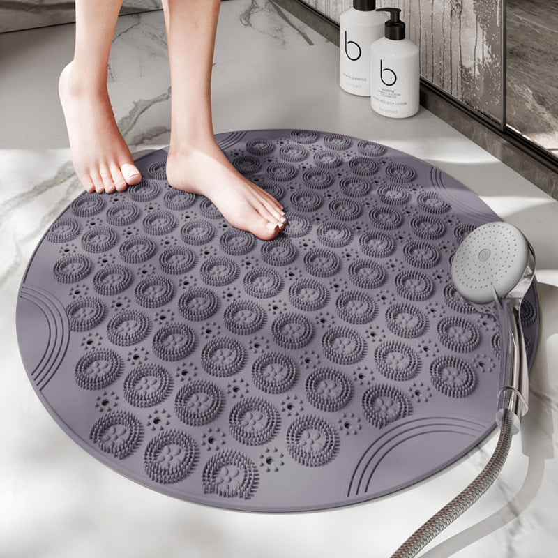 Grey Non-Slip Round Shower Foot Scrubber Mat - Soft Silicone Massage Pad for Foot Cleaning