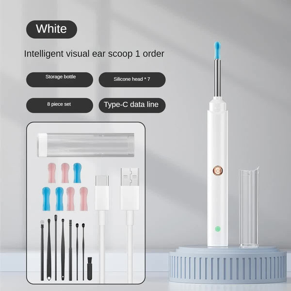 White Smart Visual Ear Cleaner with 7 Silicone Tips and Type-C Charging Cable