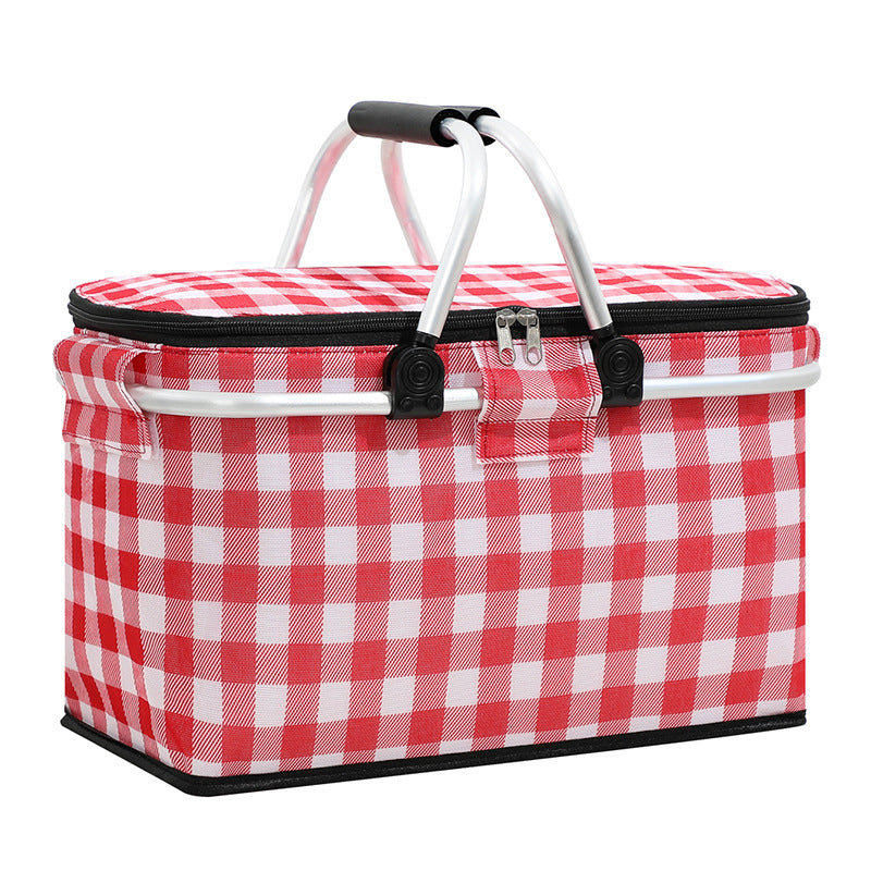 Insulated Picnic Basket with Aluminum Frame - Portable Collapsible Cooler Bag 18L 40*20*23cm(Red plaid)