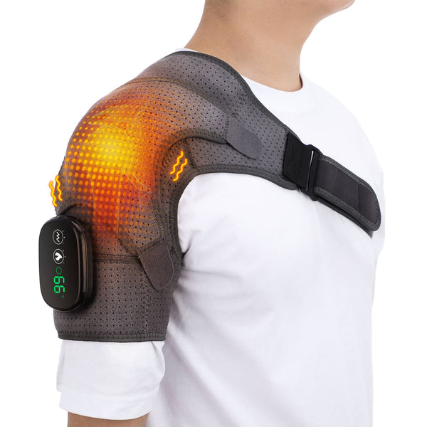 Gray Rechargeable Heated Shoulder Massager with LED Display - Adjustable Compression Wrap for Pain Relief and Relaxation