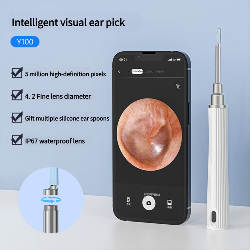 Black Smart Visual Ear Cleaning Stick with 1080P Camera and Rechargeable Battery