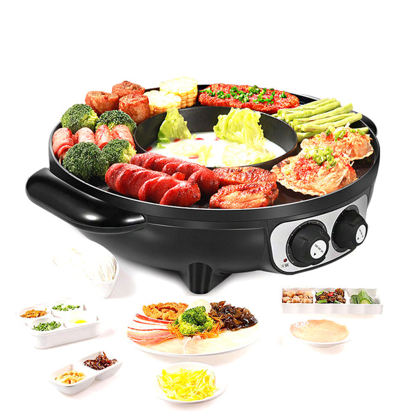 Electric 2 In 1 Non-Stick BBQ Plate Hot Pot Pan For Party Shabu Grill Barbecue 42cm