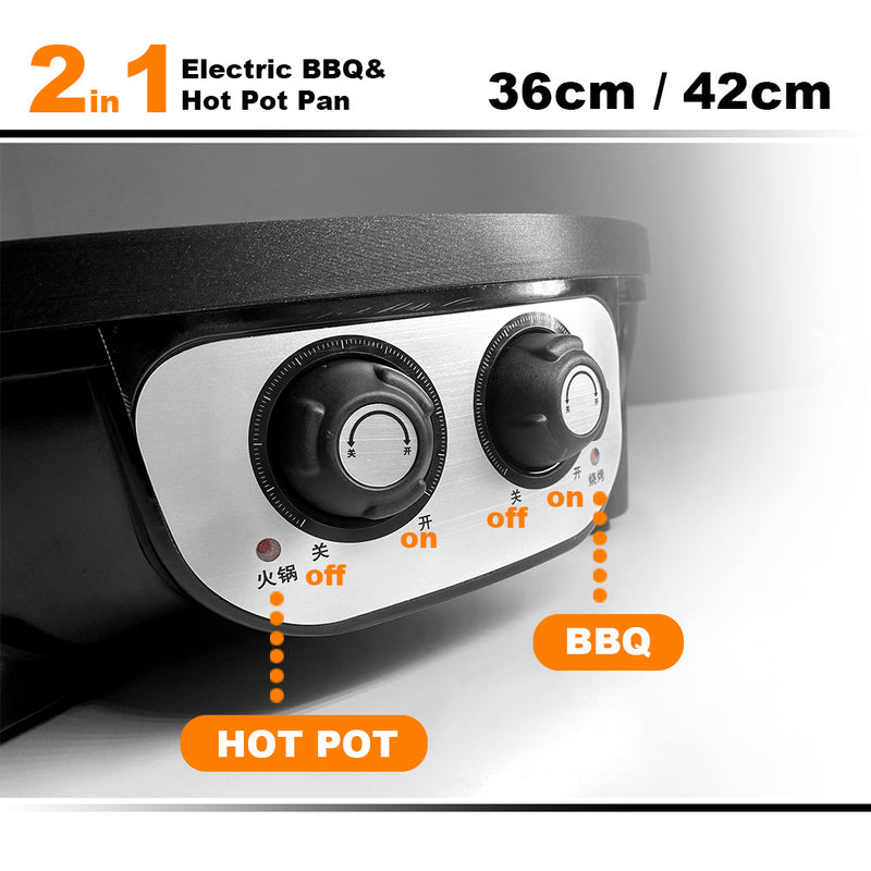 Electric 2 In 1 Non-Stick BBQ Plate Hot Pot Pan For Party Shabu Grill Barbecue 42cm