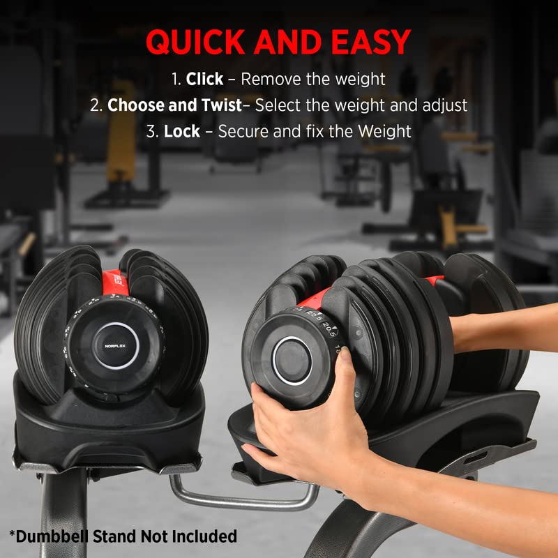 Norflex 2x 24kg Smart Adjustable Dumbbells for Home, Gym, Exercise & Fitness - High Intensity Muscle Building Weight Lifting Plates - Workout Set Equipment for Men & Women - Dumbbell Rack Included