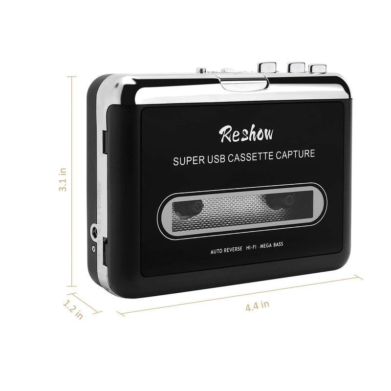 Reshow Cassette Player – Portable Tape Player Captures MP3 Audio Music via USB – Compatible with Laptops and Personal Computers – Convert Walkman Tape Cassettes to iPod Format (Black)