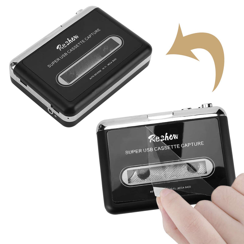 Reshow Cassette Player – Portable Tape Player Captures MP3 Audio Music via USB – Compatible with Laptops and Personal Computers – Convert Walkman Tape Cassettes to iPod Format (Black)