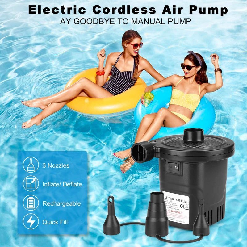 Battery Powered Electric Air Pump for Inflatables, Quick Inflator & Deflator Rechargeable Portable Air Mattress Pump for Air Beds Toys with 3 Nozzles