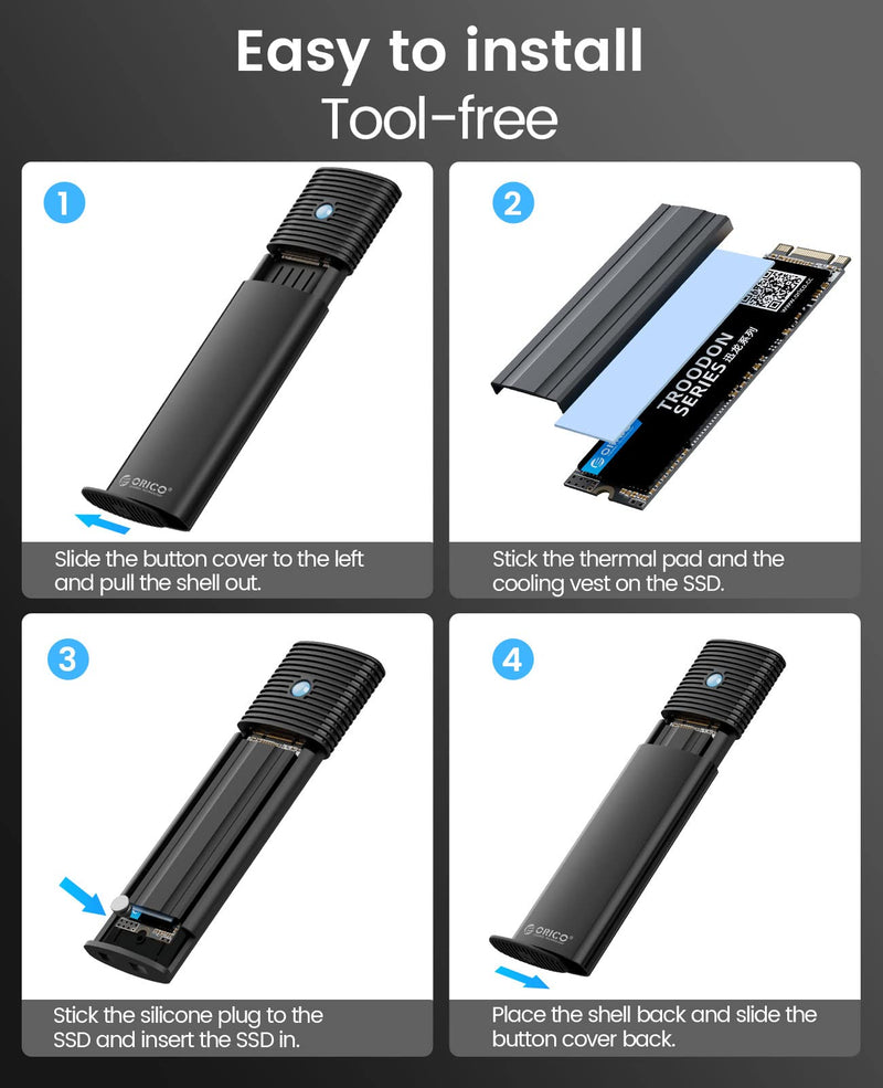 ORICO Aluminum M.2 NVMe SSD Enclosure , Tool-Free 10Gbps USB C Adapter, USB 3.2 M.2 NVMe Reader, External SSD Case Thunderbolt 3 Compatible, Supports 4TB 2230/2242 /2260/2280 PCIe M-Key SSDs-PWM2