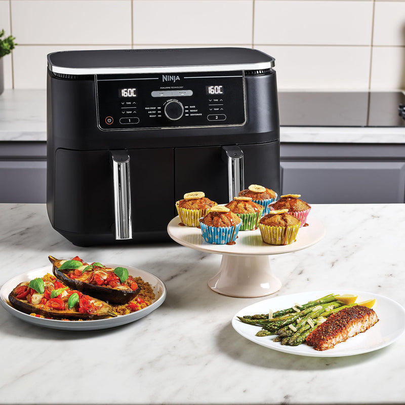 Ninja Foodi Max XXXL Dual Zone 9.5L Air Fryer, 2 Drawers, 9.5L, 6-in-1, Uses No Oil, Air Fry, Max Crisp, Roast, Bake, Reheat, Dehydrate, Cook 8 Portions, Non-Stick Dishwasher Safe, Black AF400ANZ