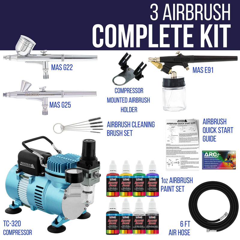 Master Airbrush Cool Runner II Dual Fan Air Compressor Airbrushing System Kit with 3 Professional Airbrushes, Gravity & Siphon Feed - 6 Primary Opaque Colors Acrylic Paint Artist Set - How To Guide